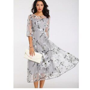 Floryday Silver Floral Midi Cocktail Dress - Large